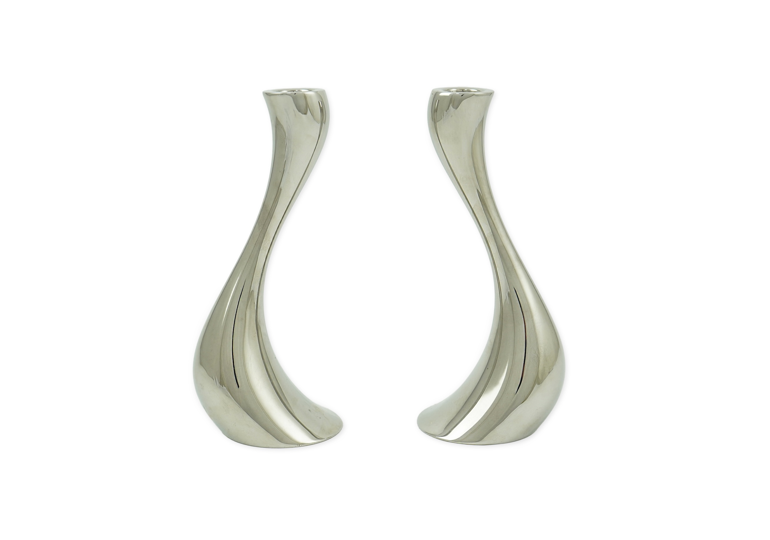 Constantin Wortmann for Georg Jensen: A pair 'of Cobra' polished steel candlesticks, marked 